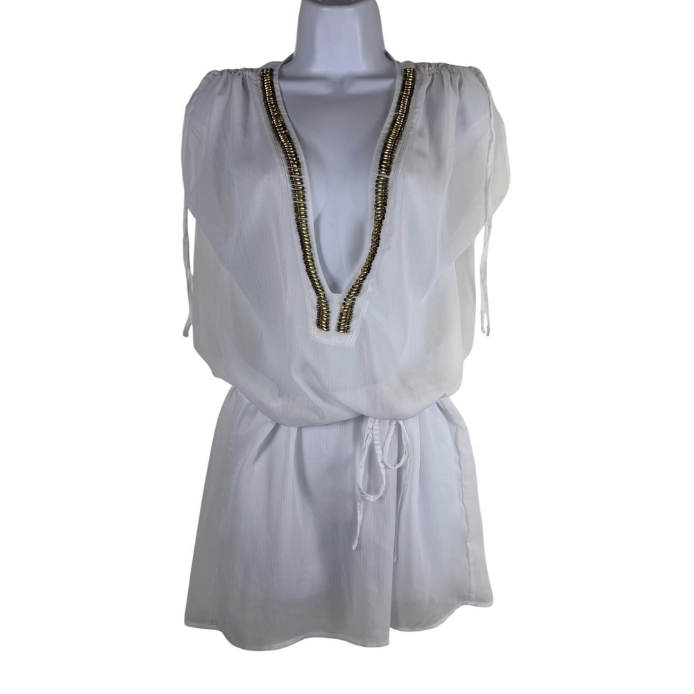 Tommy Bahama White Beaded V-Neck Chiffon Beach Cover Up Dress TSW34661C S Airy
